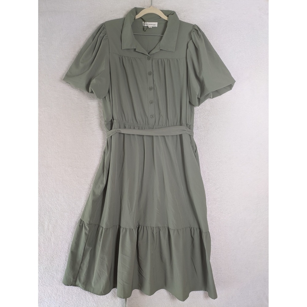 NEW Lucky Brand Dress Women's 1X Smokey Olive Tiered Puff Sleeve Midi